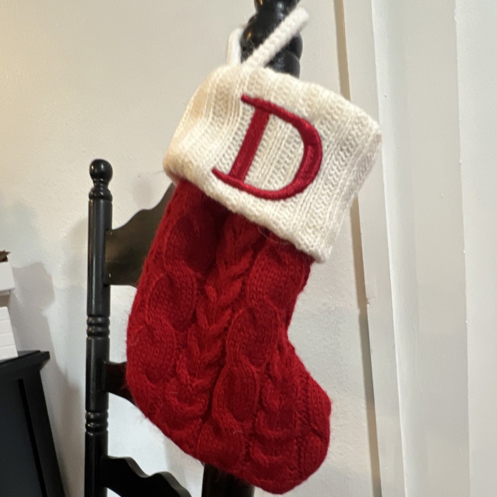 Red White Cable Knit Christmas Stocking with Letter D, 20in Large Fabric
